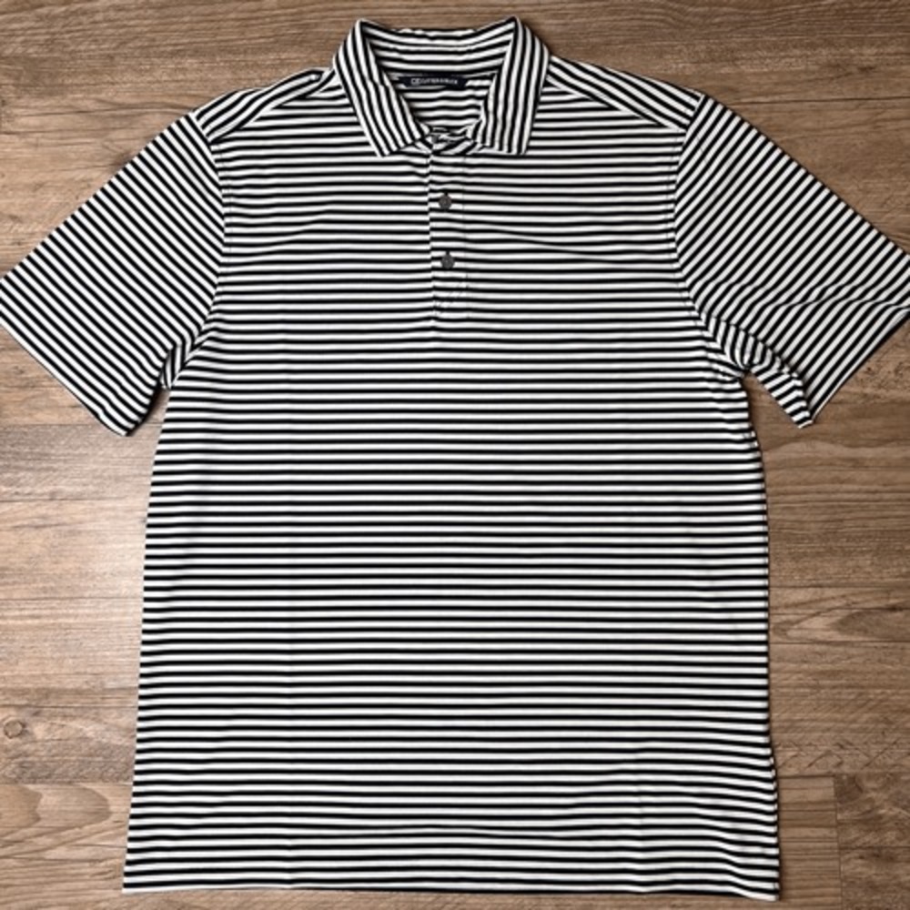 Cutter & Buck Mens Blue White Stripe Stretch Short Sleeve Polo Shirt Medium